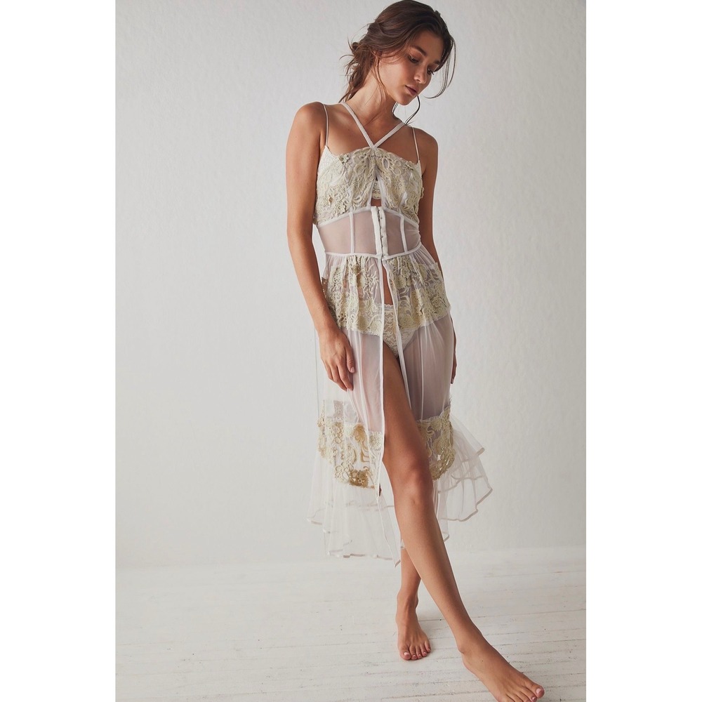 Free People Intimately New Romantics Tunic Sheer Lace Corset Slip Dress Cream